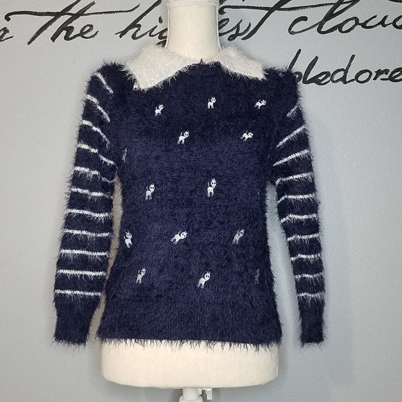 Navy & White Fun, Fuzzy Kitten Sweater, S - Picture 1 of 4